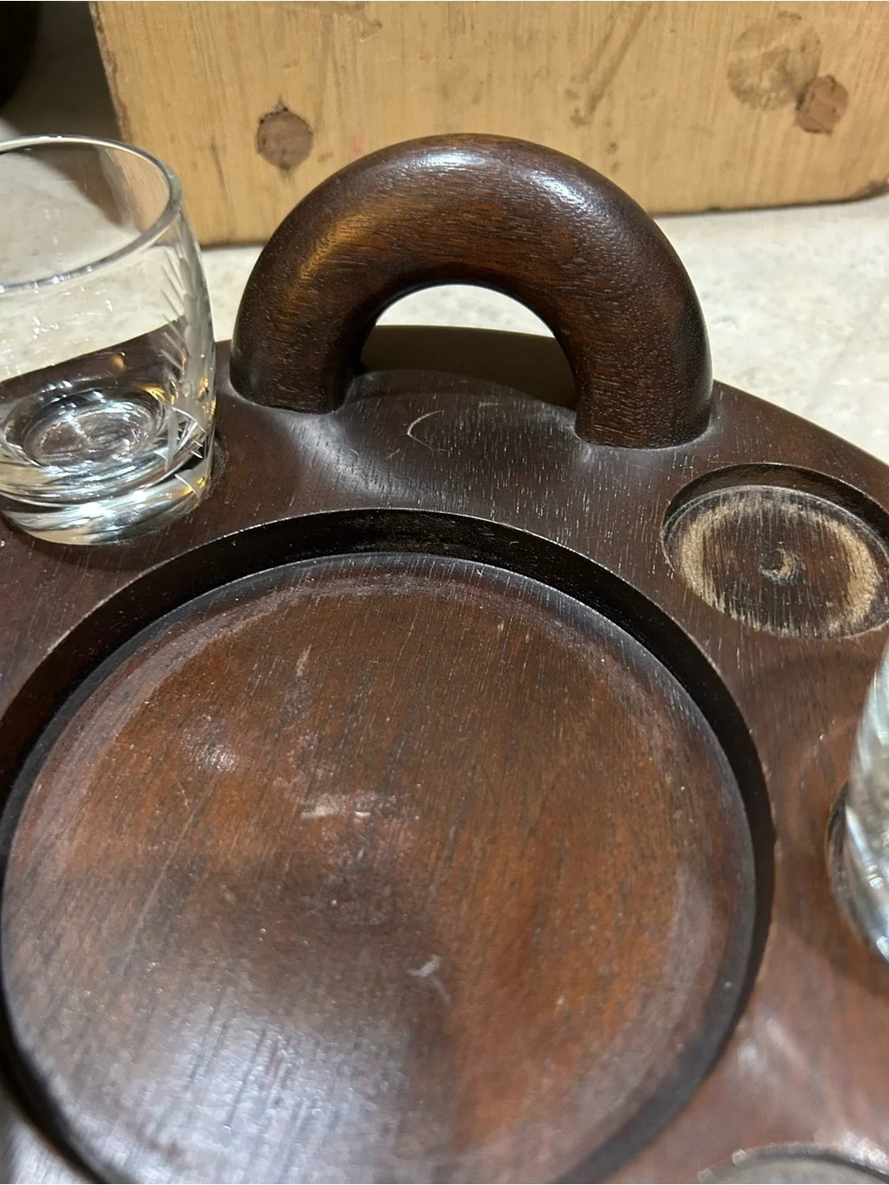 Vintage Wooden Shot Glass and Liquor Bottle Serving Tray Caddy with Handles
